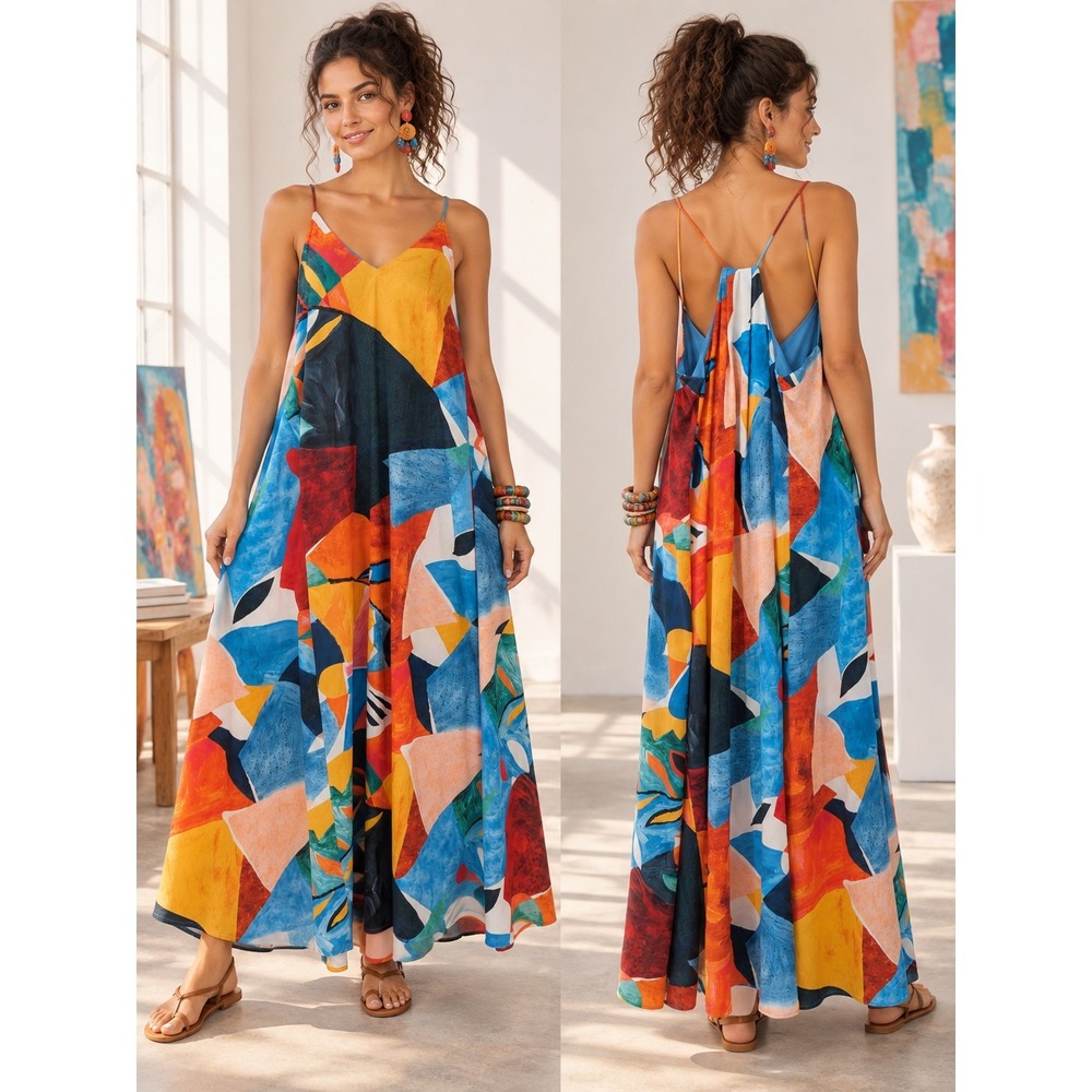 Boho Fairycore Art Silky Nicole Miller Multicolor Abstract Pockets M Maxi Dress